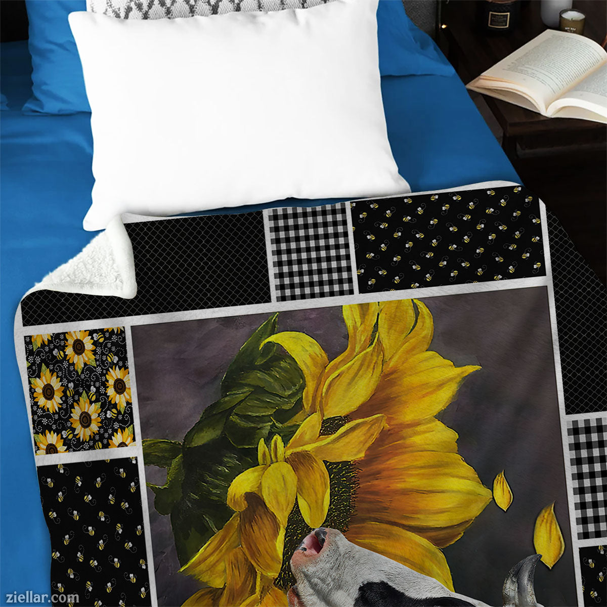 Sunflower Dog Art Quilt Blanket, Fleece Blanket Gift with Black Dog and Flower, Personalized Custom Name
