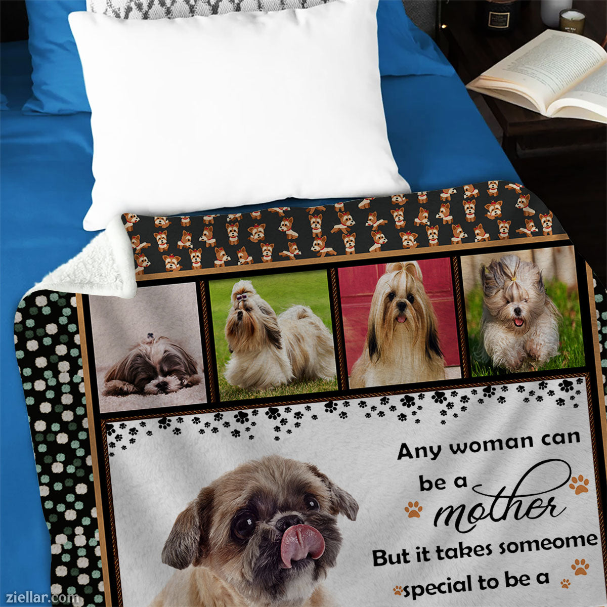Shih Tzu Dog Mom Quilt Blanket, Fleece Blanket Gift for Dog Lovers with Paws, Custome Name Option