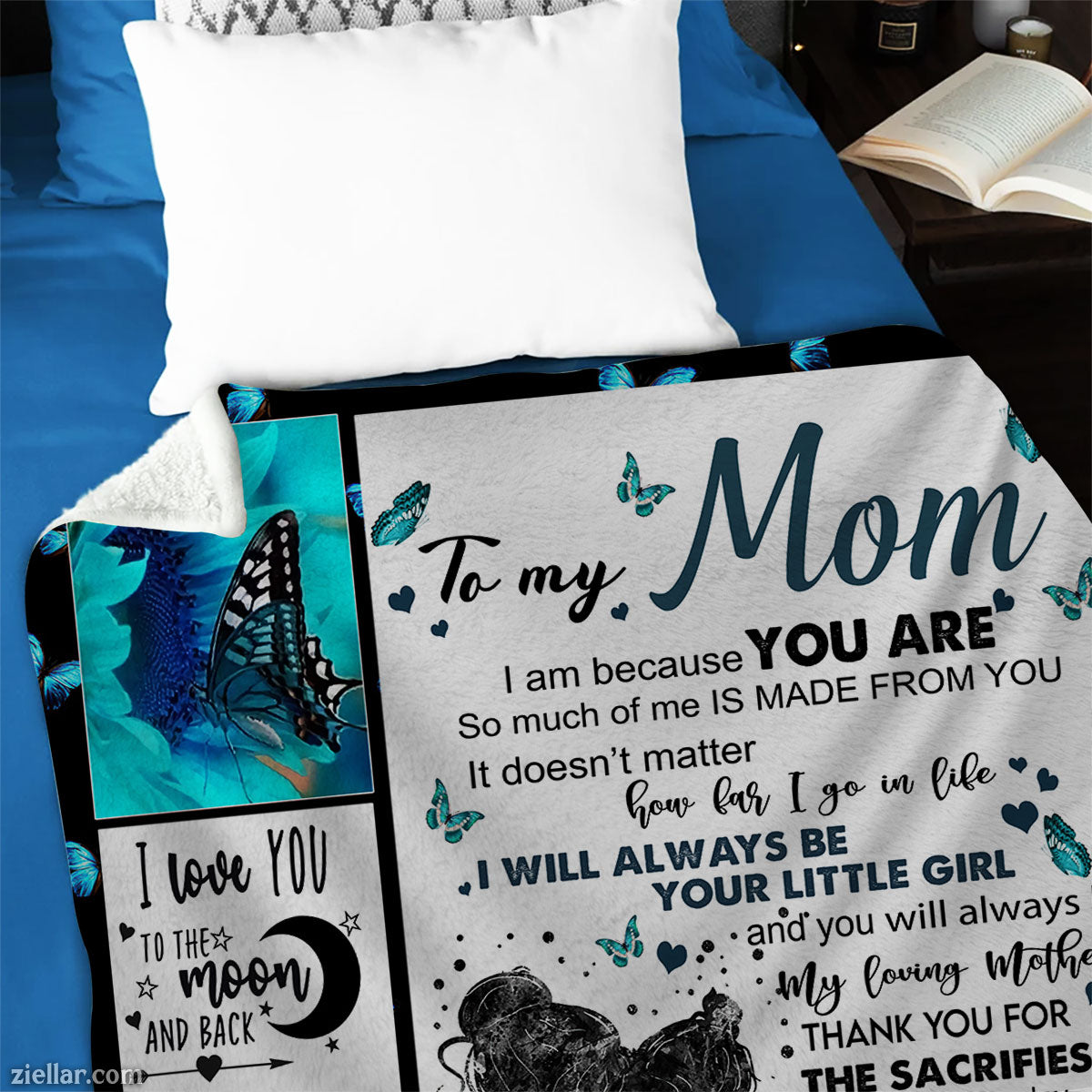 To My Mom Butterfly Quilt Blanket, Fleece Blanket Gift with Blue Floral Art, Custome Name Option