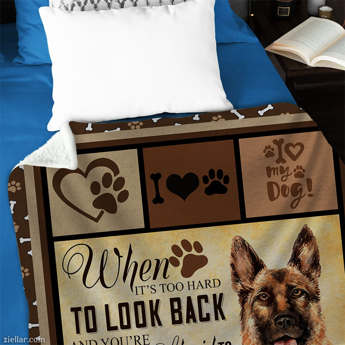 German Shepherd Dog Quilt Blanket, Fleece Blanket Gift with Paw Print Love, Custome Name Option
