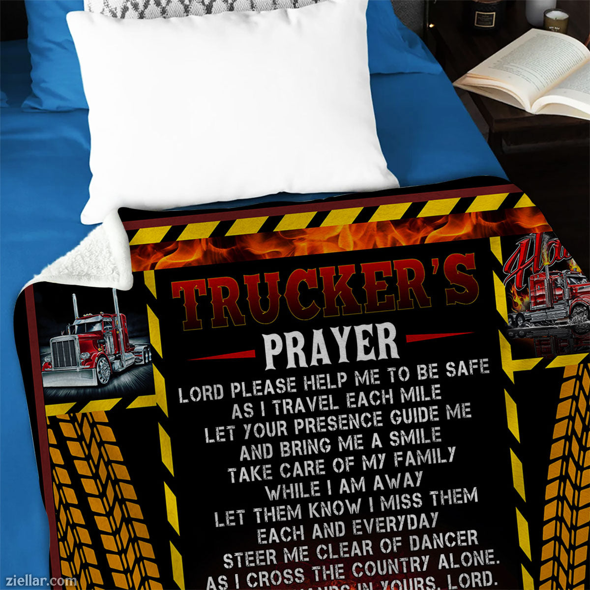 Trucker’s Prayer Quilt Blanket, Fleece Blanket Gift for Truckers with Flames and Rig Art