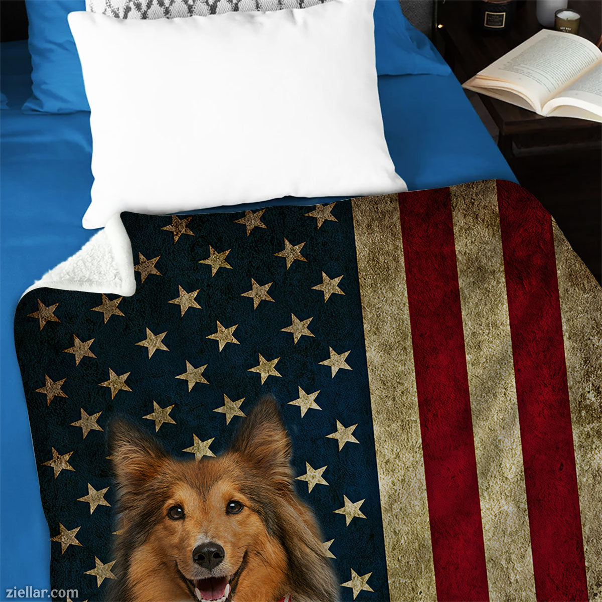 Patriotic Sheltie Dog Quilt Blanket, Fleece Blanket Gift with American Flag and Bandana Dog