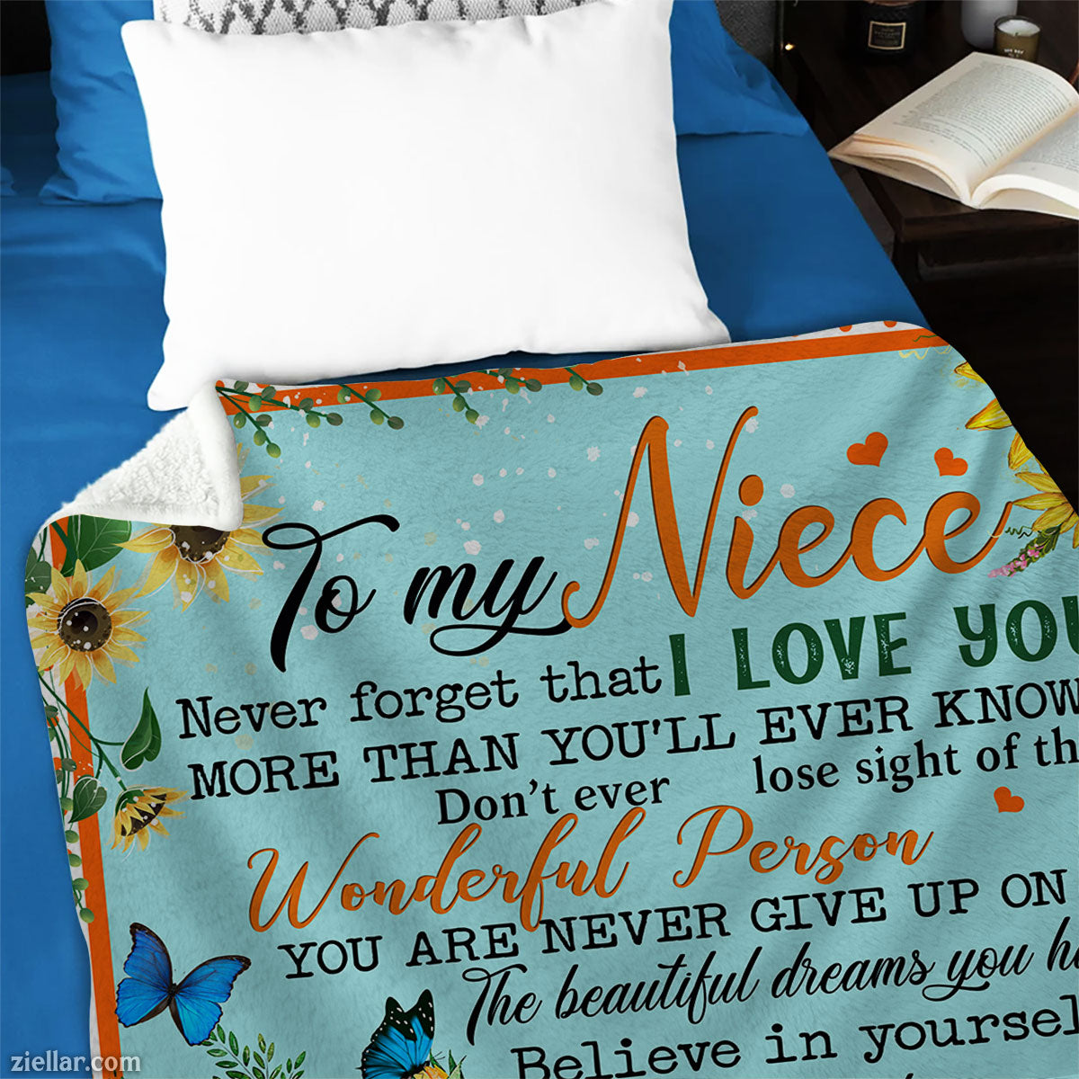 To My Niece Blue and Yellow Quilt Blanket, Fleece Blanket Gift with Love Message, Personalized