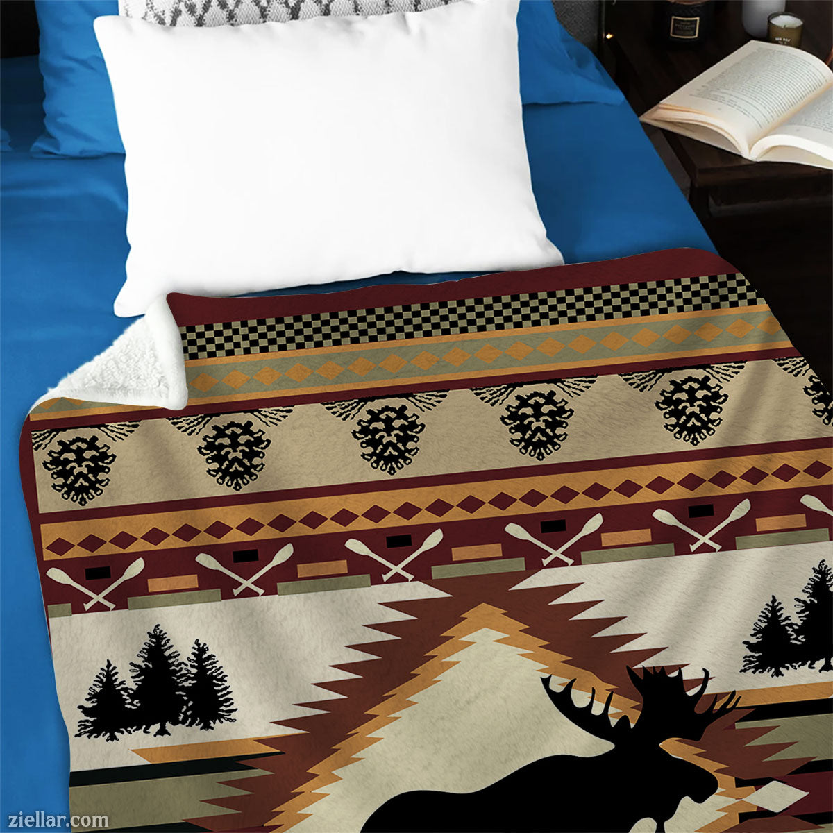 Rustic Moose Animal Quilt Blanket, Fleece Blanket Gift with Forest Theme and Tribal Pattern