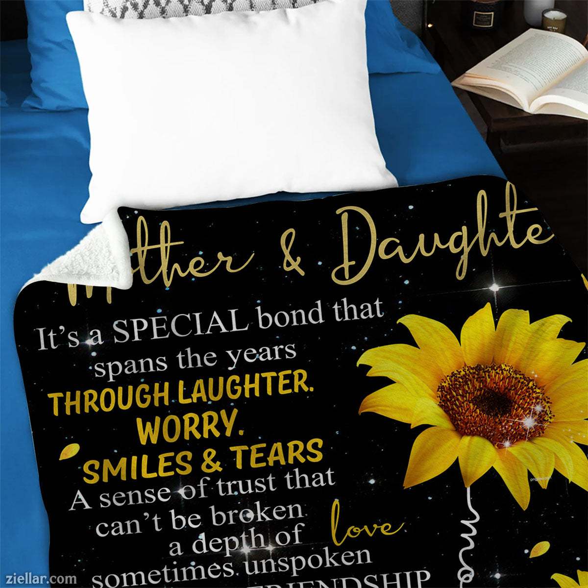 Mother and Daughter Sunflower Quilt Blanket, Fleece Blanket Gift with Love Bond Quote, Personalized
