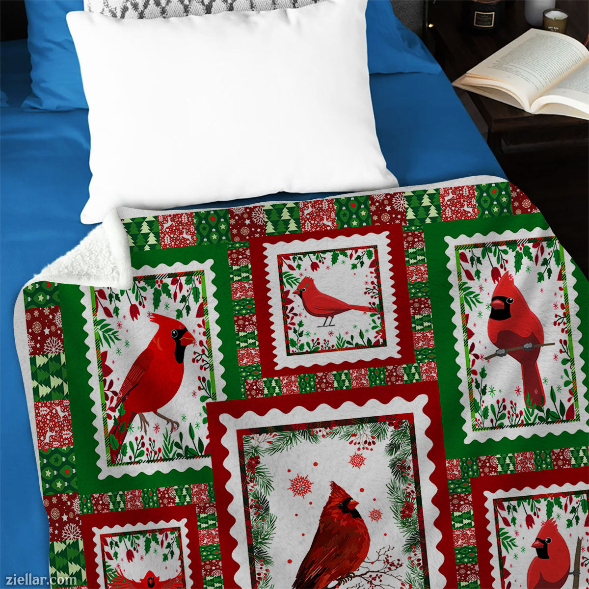 Cardinals at Christmas Quilt Blanket, Fleece Blanket Gift with Holiday Birds and Snowflakes Design