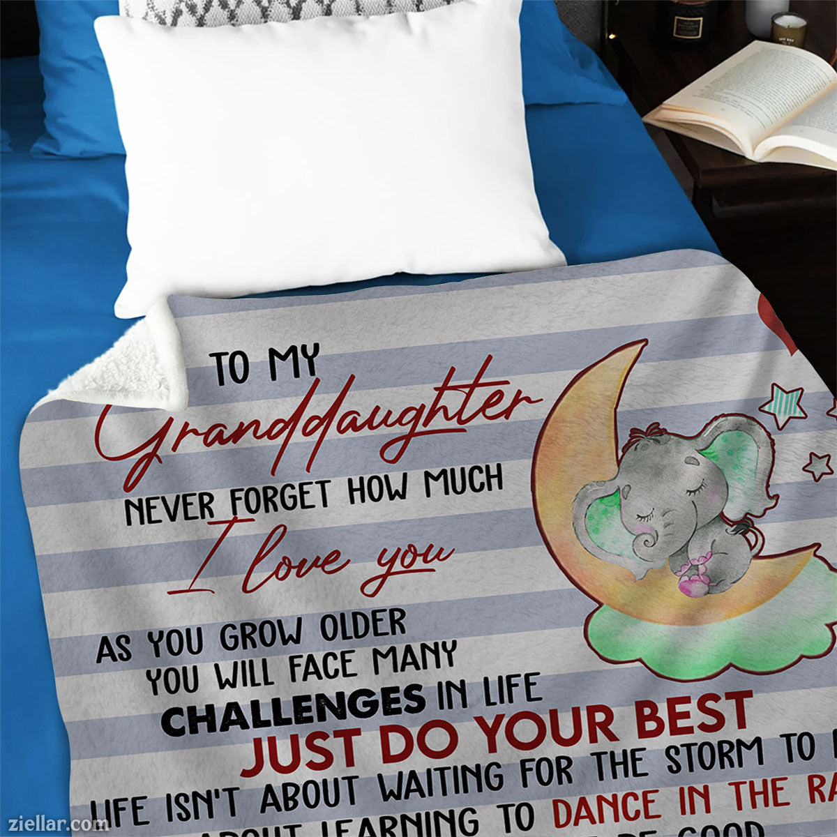 To My Granddaughter Elephant Moon Quilt Blanket, Fleece Blanket Gift with Rainbow Text, Personalized