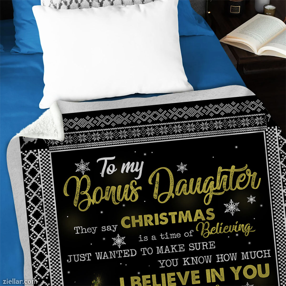 To My Bonus Daughter Christmas Quilt Blanket, Fleece Blanket Gift with Winter Trees, Custome Name