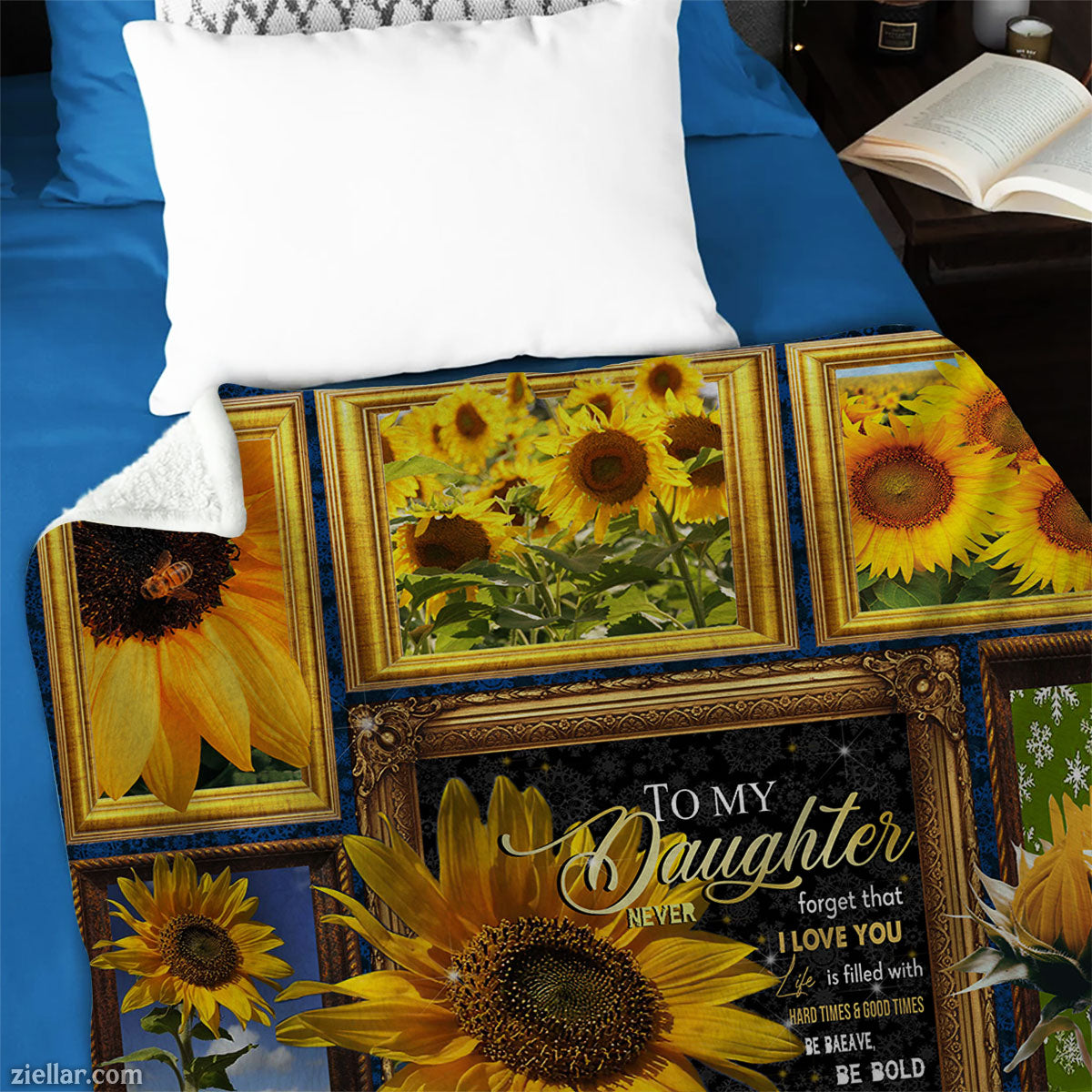 To My Daughter Sunflower Quilt Blanket, Fleece Blanket Gift with Warm Encouragement, Custome Name