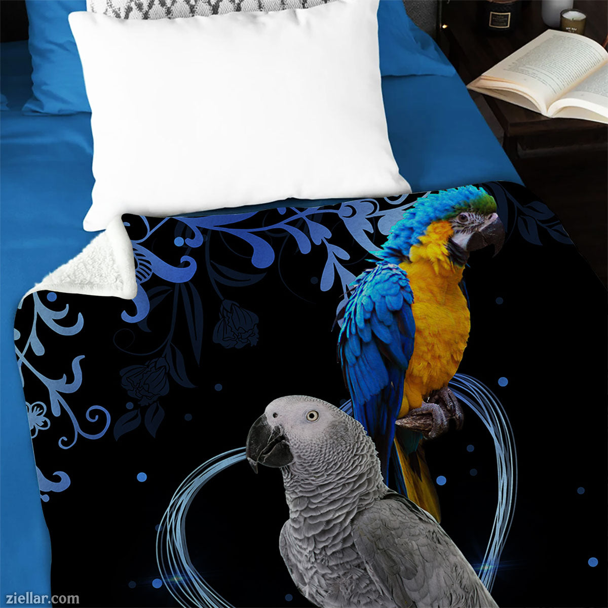 Colorful Parrots and Snowflakes Quilt Blanket, Fleece Blanket with Tropical Birds and Blue Accents