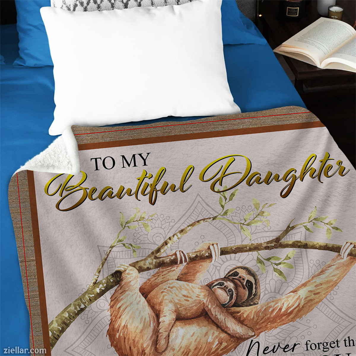 To My Beautiful Daughter Quilt Blanket, Fleece Blanket Gift with Sloth and Heart Message, Custome Name