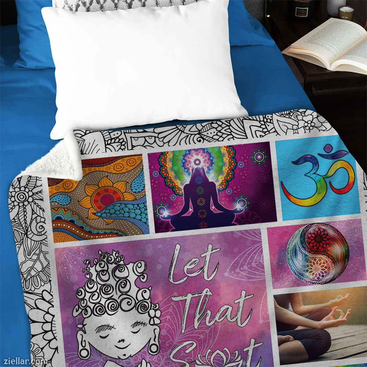 Let That Sh_t Go Quilt Blanket, Fleece Blanket with Mandalas, Yoga Poses, Zen Vibes and Humor Art