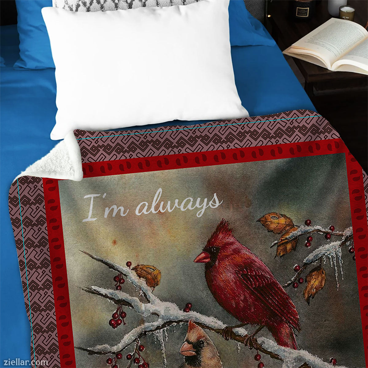 Cardinal Quilt Blanket, Fleece Blanket with Red Bird on Pine Tree, Memorial and Winter Theme
