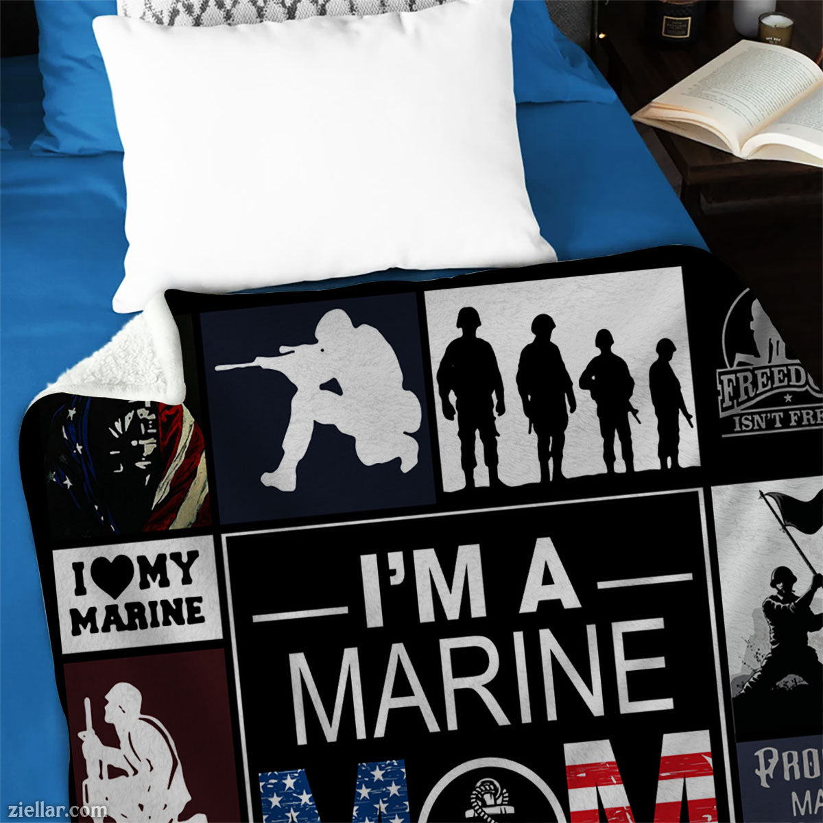 I’m A Marine Mom Quilt Blanket, Fleece Blanket Gift with Patriotic Military Phrases, Custome Name