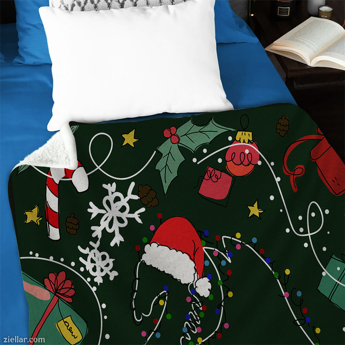 Christmas Unicorn Quilt Blanket, Fleece Blanket with Santa Hat, Candy Canes, and Holiday Lights