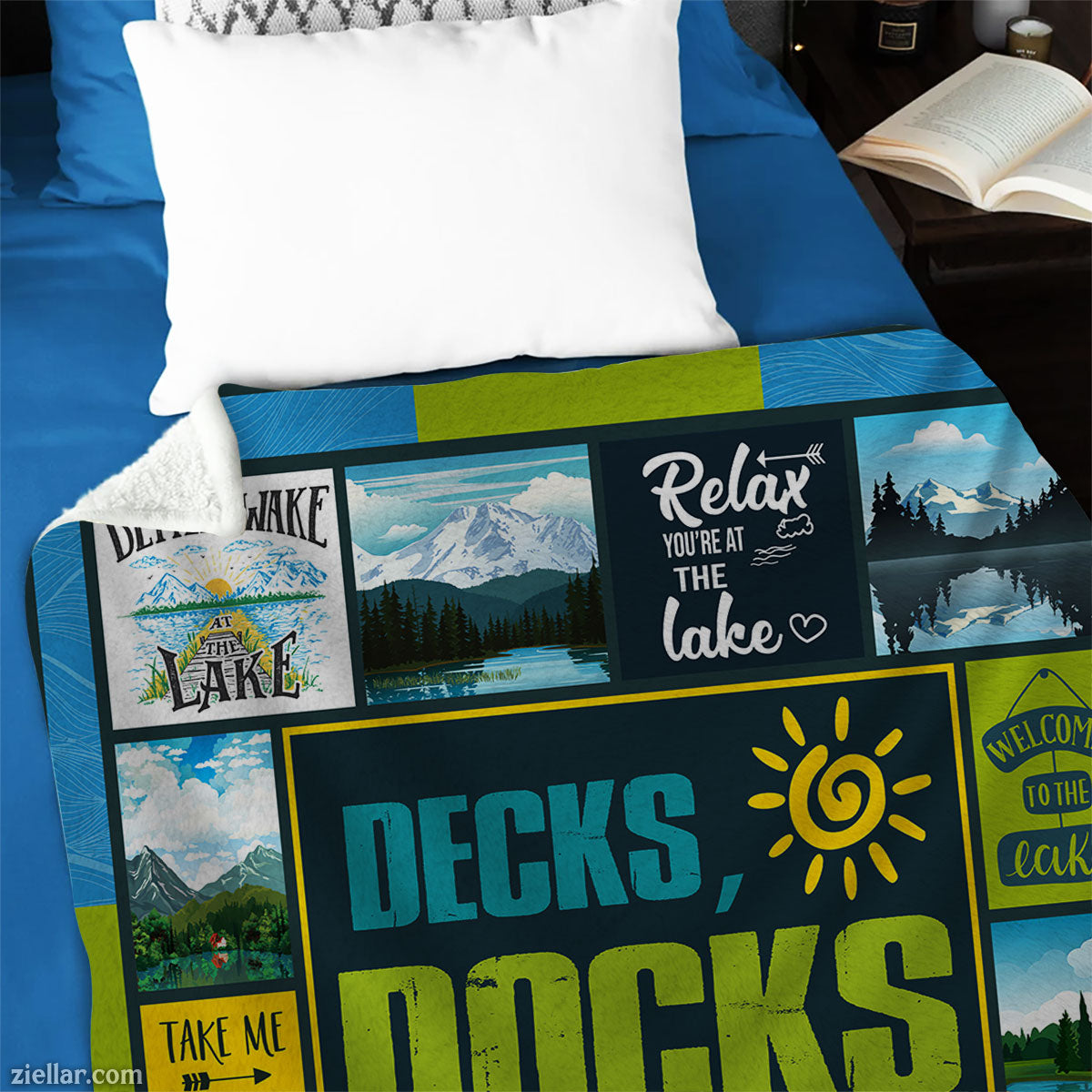Decks Docks and Flip Flops Quilt Blanket, Fleece Blanket with Summer Lake Life and Relaxing Quotes