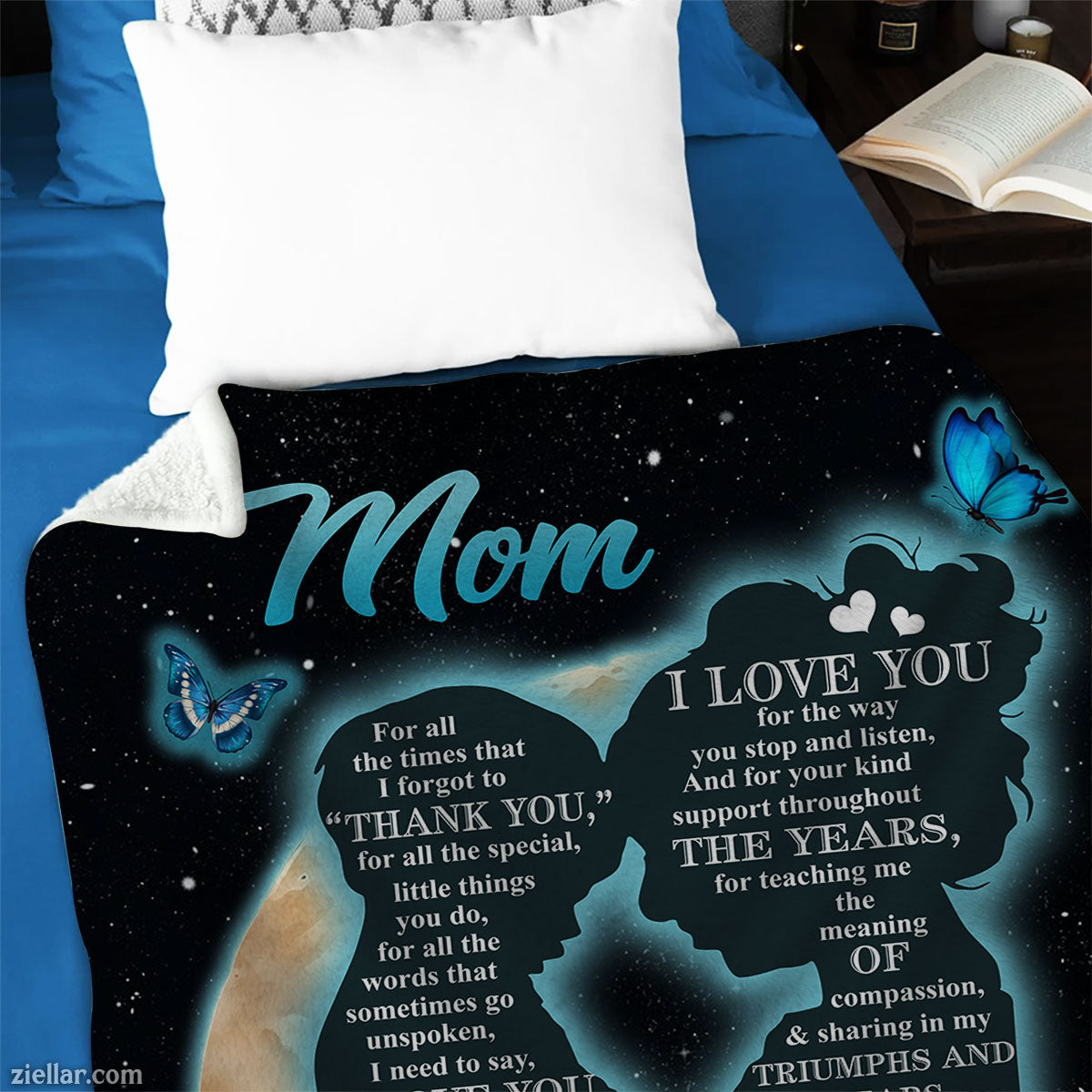 To My Mom Quilt Blanket, Fleece Blanket Gift with Heart and Blue Butterflies, Starry Sky, Custome Name