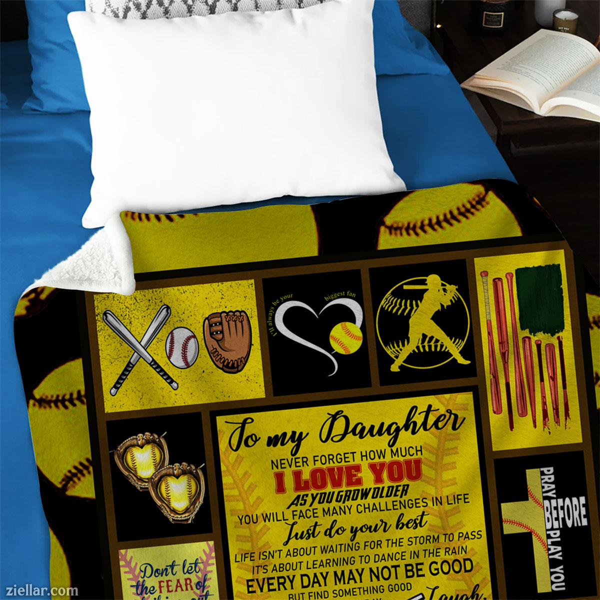 To My Daughter Quilt Blanket, Fleece Blanket Softball Theme with Yellow Black, Custome Name