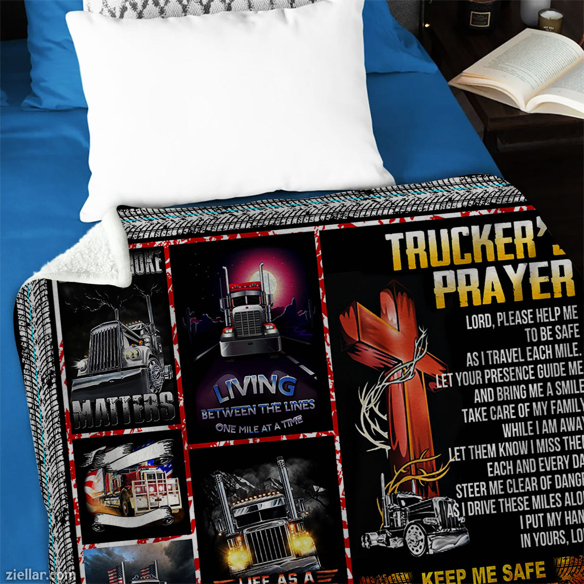 Trucker's Life Quilt Blanket, Fleece Blanket Truck Driving Patriotic Red Black Collage Gift