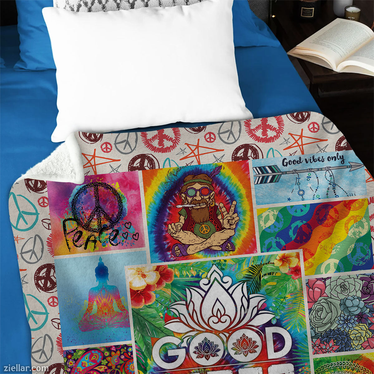 Good Vibes Only Quilt Blanket, Fleece Blanket Colorful Hippie Boho Art with Peace and Love