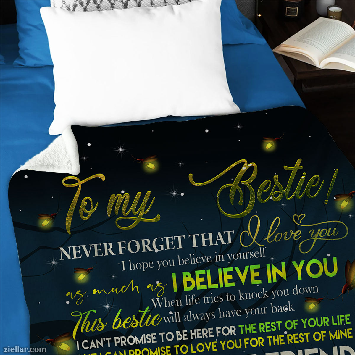 To My Bestie Quilt Blanket, Fleece Blanket Gift for Best Friend with Bear and Fireflies, Personalized
