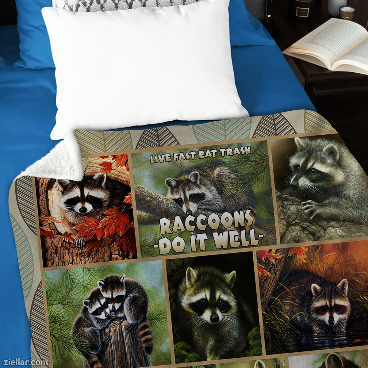 Raccoon Collage Quilt Blanket, Fleece Blanket Forest Animal Lover Gift Wildlife Photography Art
