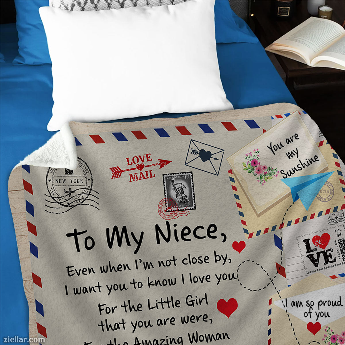 To My Niece Quilt Blanket, Fleece Blanket Cute Airmail Letter and Heart Theme Gift, Custome Name
