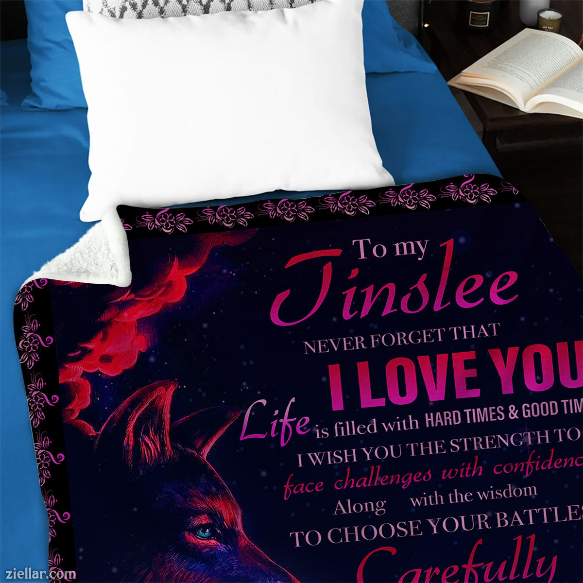 To My Jinslee Quilt Blanket, Fleece Blanket Purple Moon Theme Gift for Daughter, Personalized Name