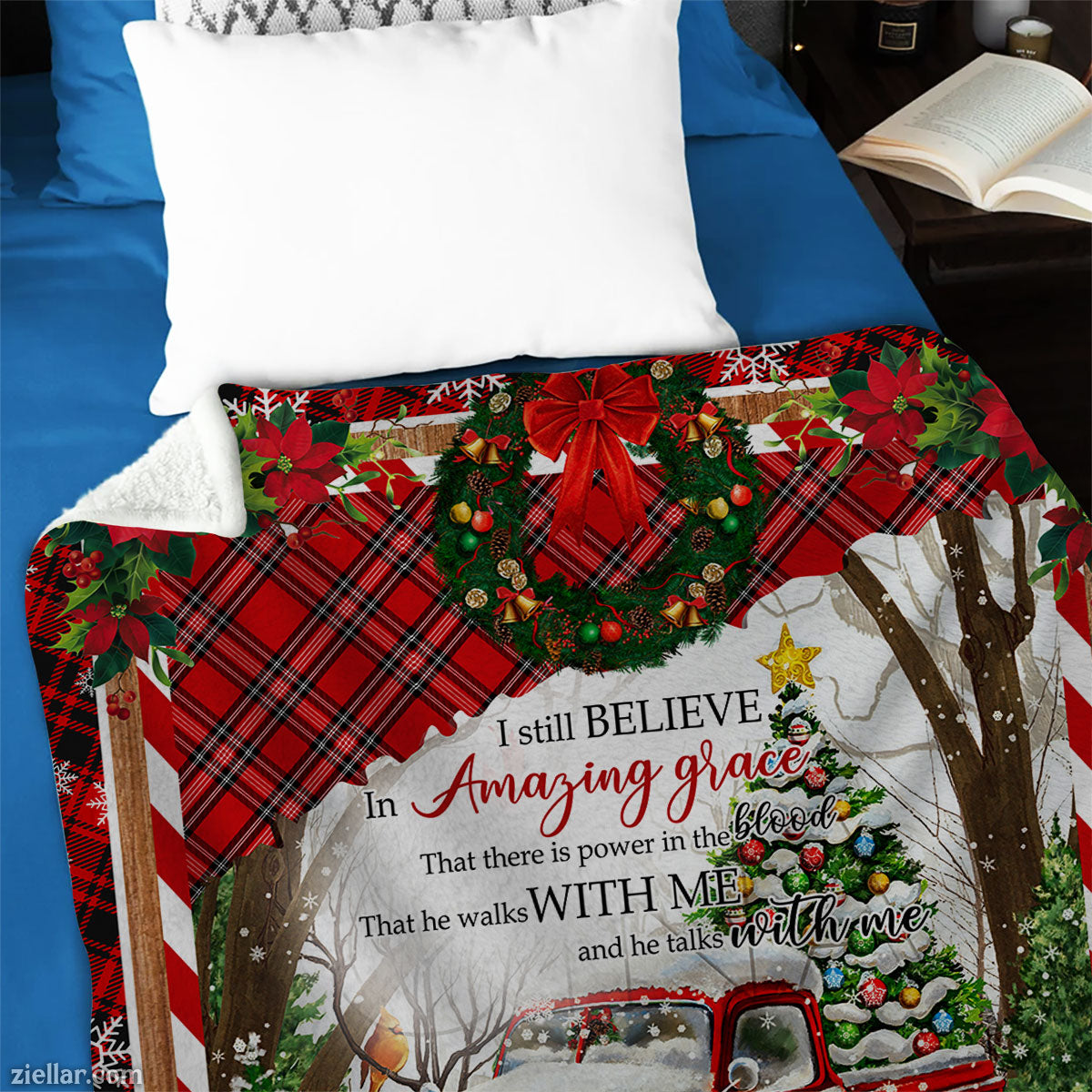 Merry Christmas Quilt Blanket, Fleece Blanket Red Plaid Truck Tree Winter Holiday Design