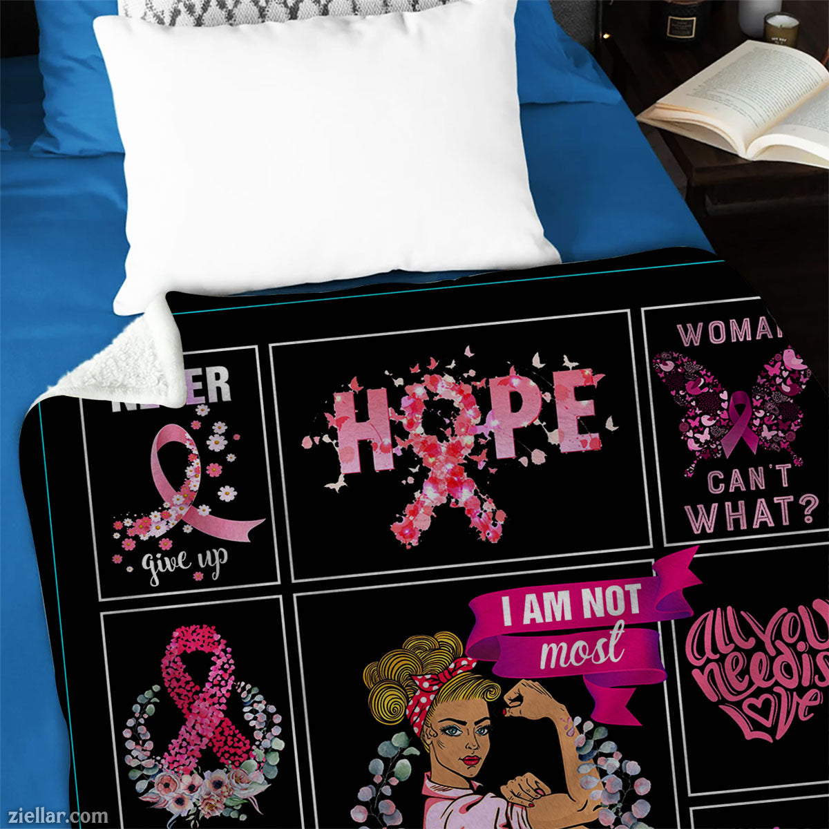 Breast Cancer Awareness Quilt Blanket, Fleece Blanket Hope Fight Like a Girl Ribbon Gift
