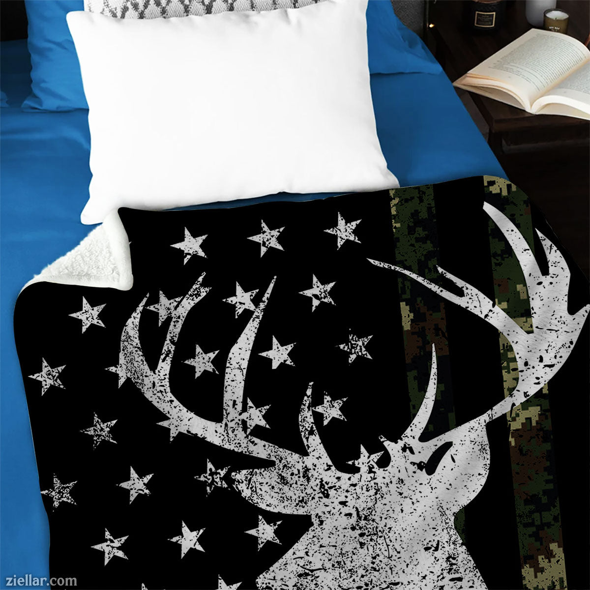 Deer American Flag Quilt Blanket, Fleece Blanket Rustic Buck and Stars Outdoor Theme Gift