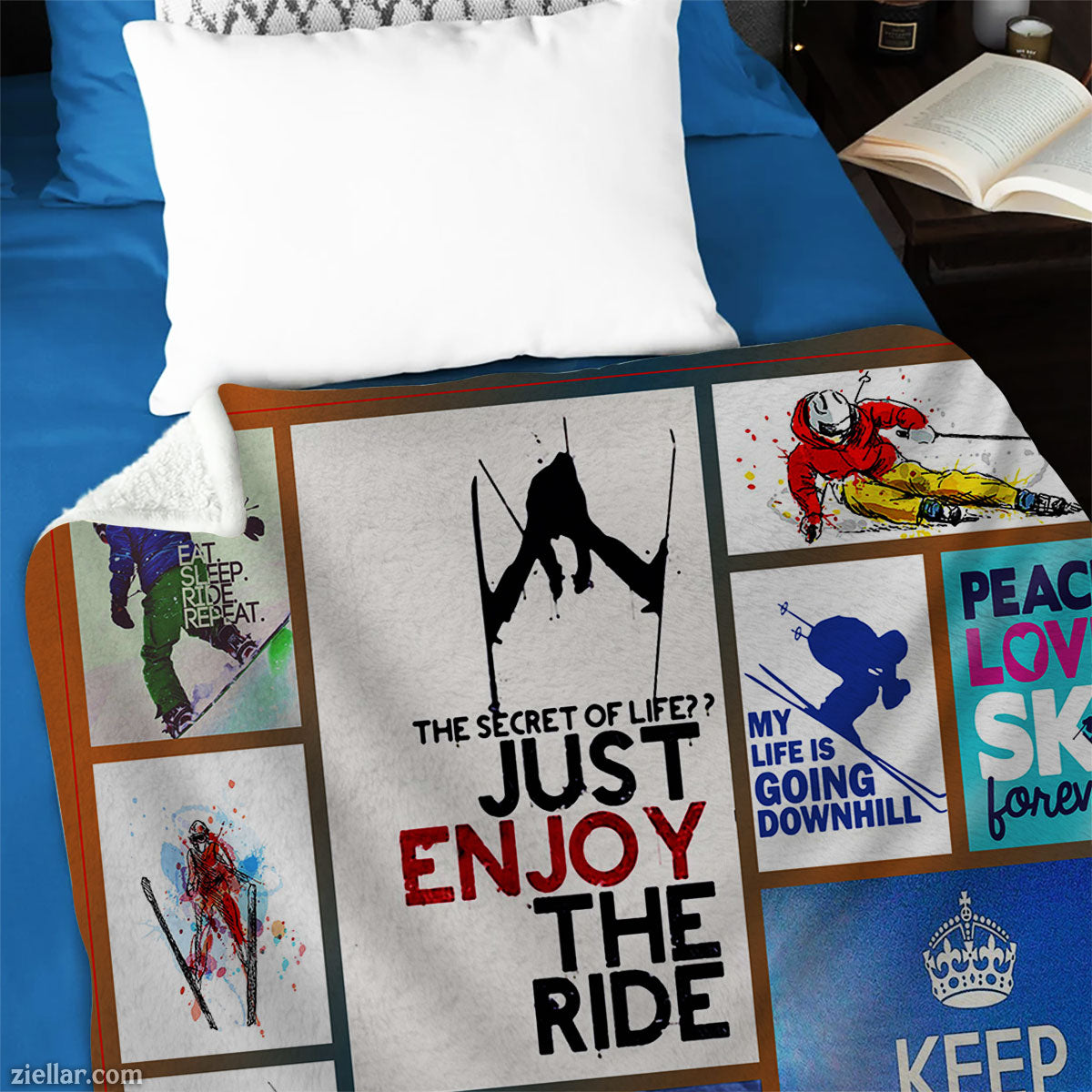 Skiing Lover Quilt Blanket, Fleece Blanket Vintage Winter Sports Poster Style Design