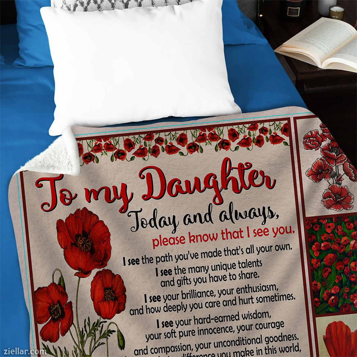 To My Daughter Quilt Blanket, Fleece Blanket Red Poppy Flower Design Gift, Custome Name Option