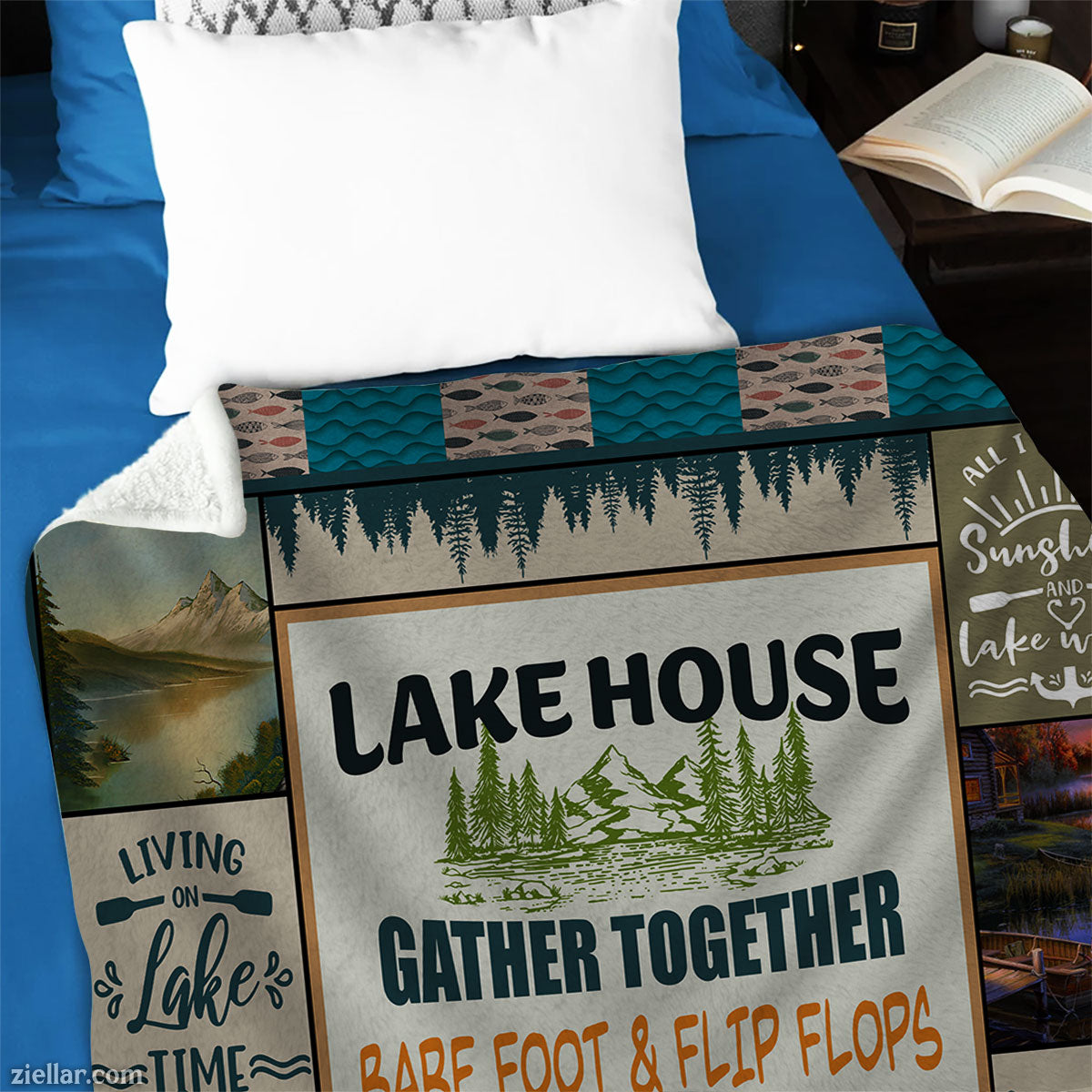 Lake House Rules Quilt Blanket, Fleece Blanket Rustic Cabin Decor with Lake Quotes Design
