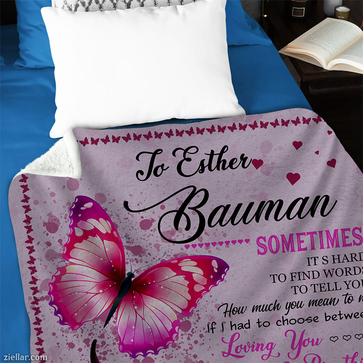 To Esther Bauman Quilt Blanket, Fleece Blanket Butterfly Gift with Pink Theme, Custome Name
