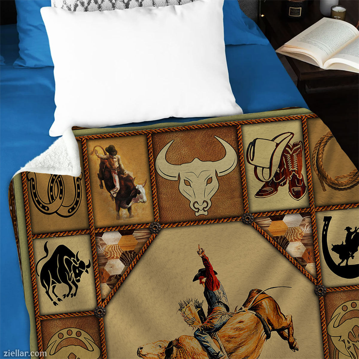 Bull Riding Quilt Blanket, Fleece Blanket Rodeo Western Cowboy Theme for Men or Boys
