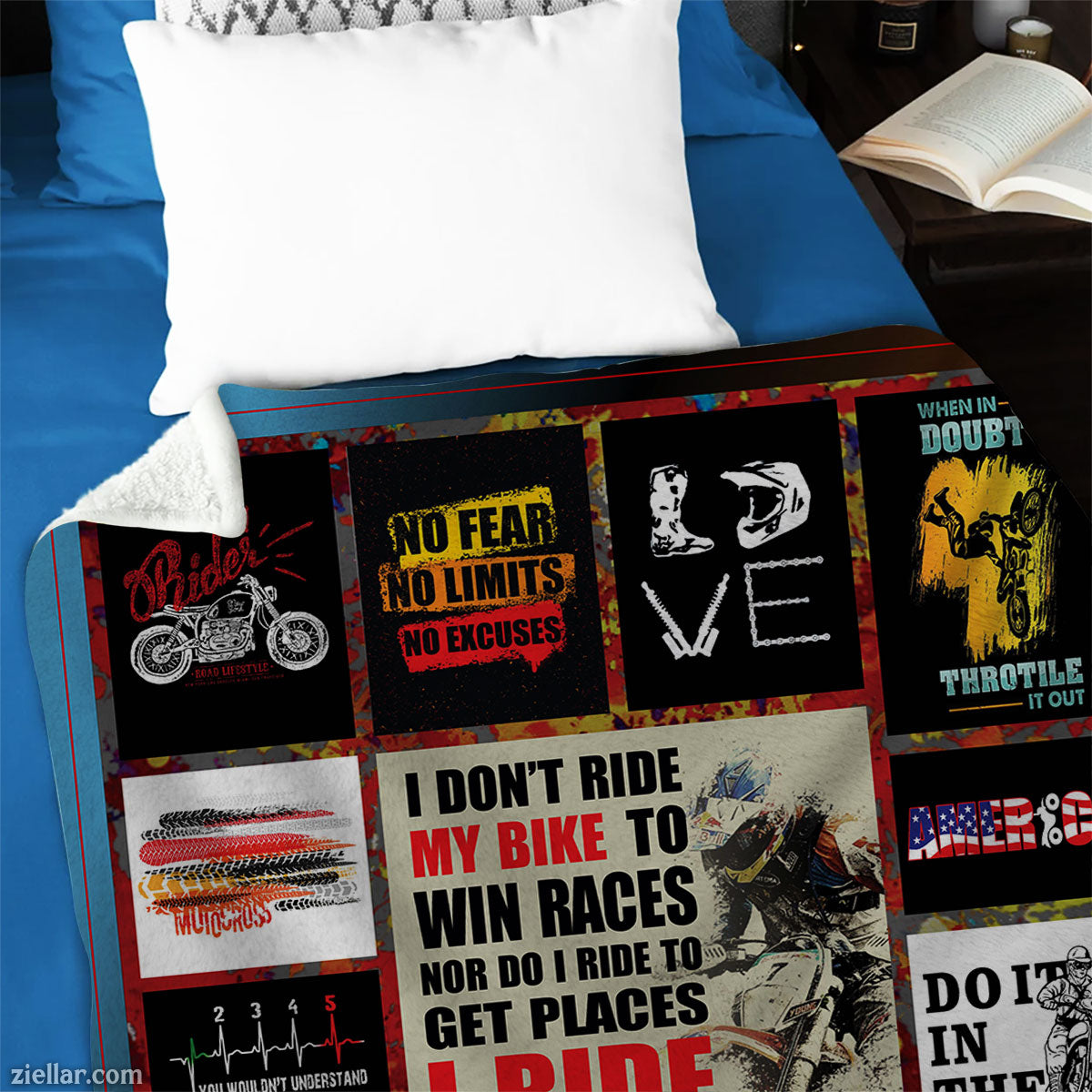 Dirt Bike Quotes Quilt Blanket, Fleece Blanket Racing Theme for Riders and Extreme Sports Fans