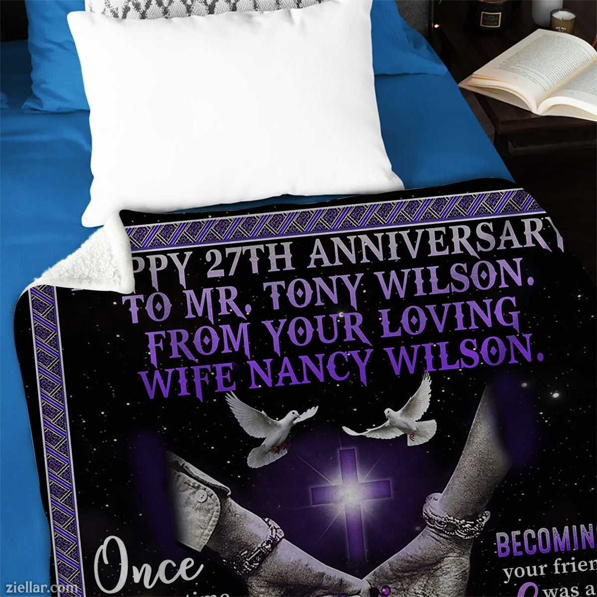 Anniversary Quilt Blanket, Fleece Blanket Purple Doves Gift for Wife or Husband, Custom Name
