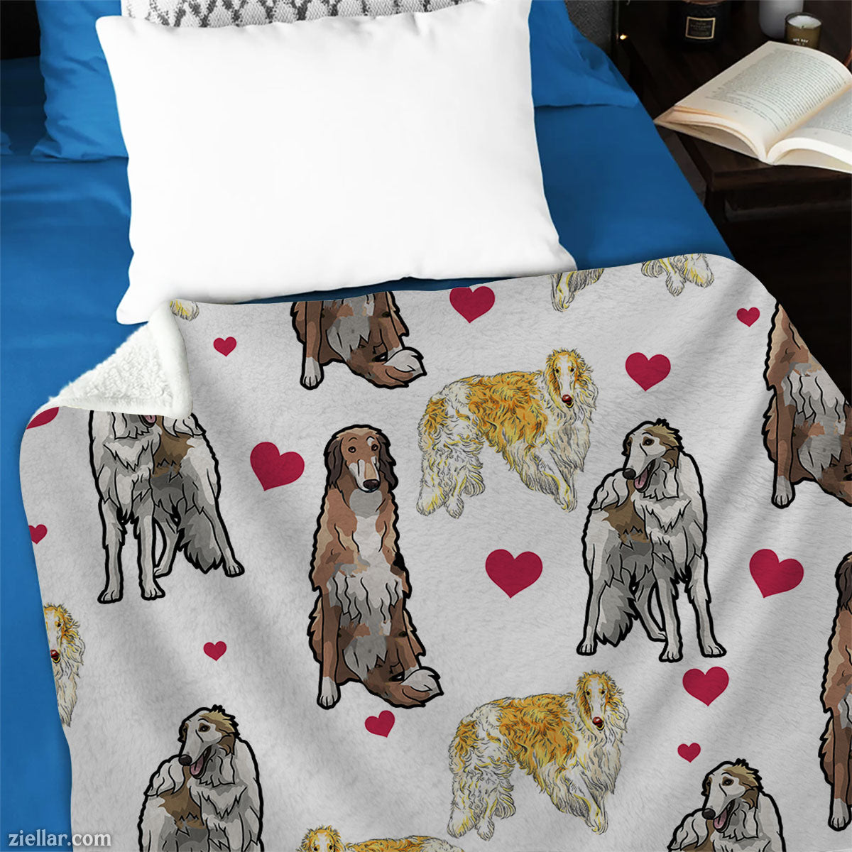 Cute Dog Pattern Quilt Blanket, Fleece Blanket with Cartoon Puppies and Hearts