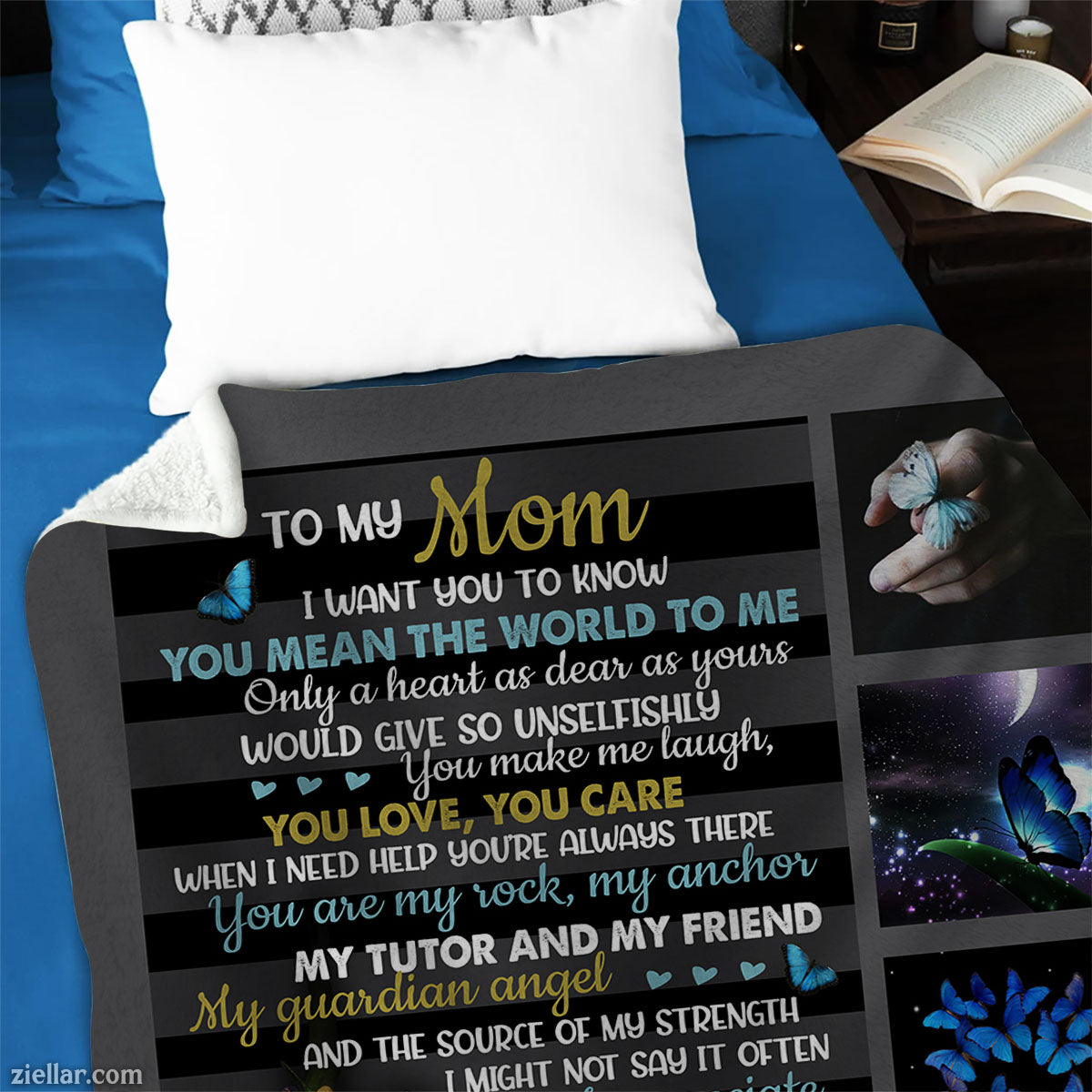 To My Mom Quilt Blanket, Fleece Blanket Blue Butterfly Memorial Gift, Custome Name