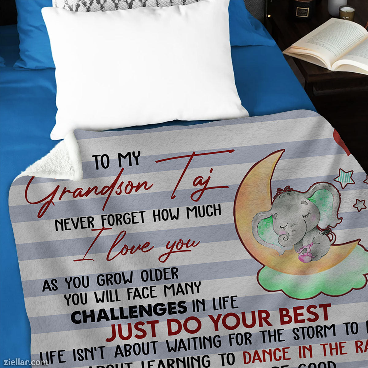 To My Grandson Quilt Blanket, Fleece Blanket Elephants Gift with Motivational Words