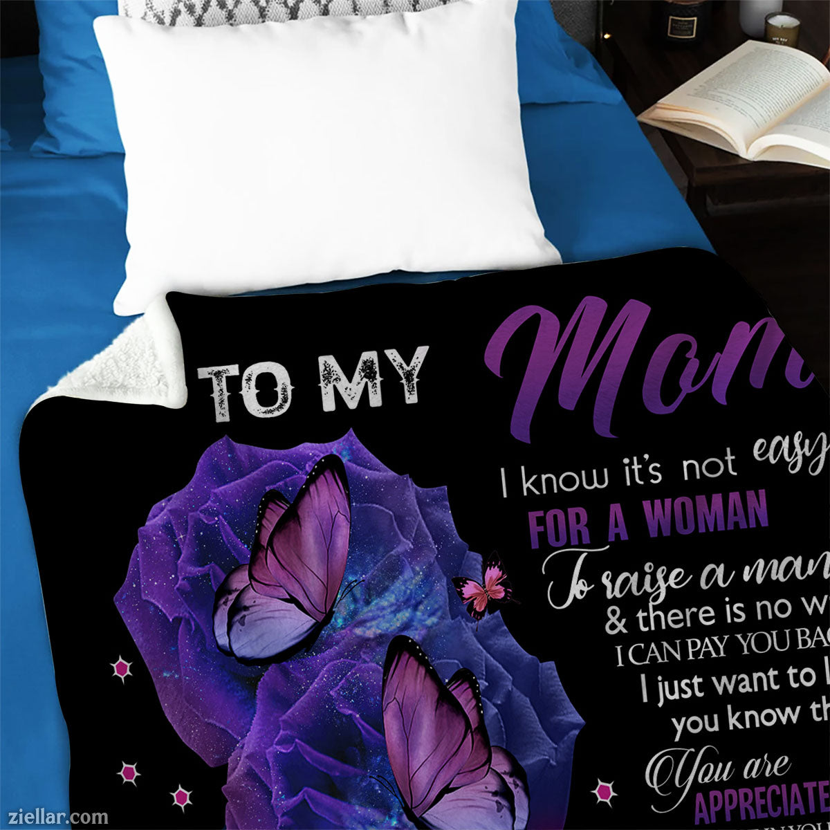 To My Mom Quilt Blanket, Fleece Blanket Gift with Purple Butterflies and Love Message