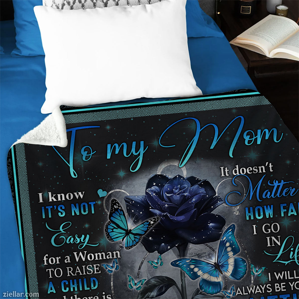 To My Mom Quilt Blanket, Fleece Blanket with Blue Rose and Message from Son