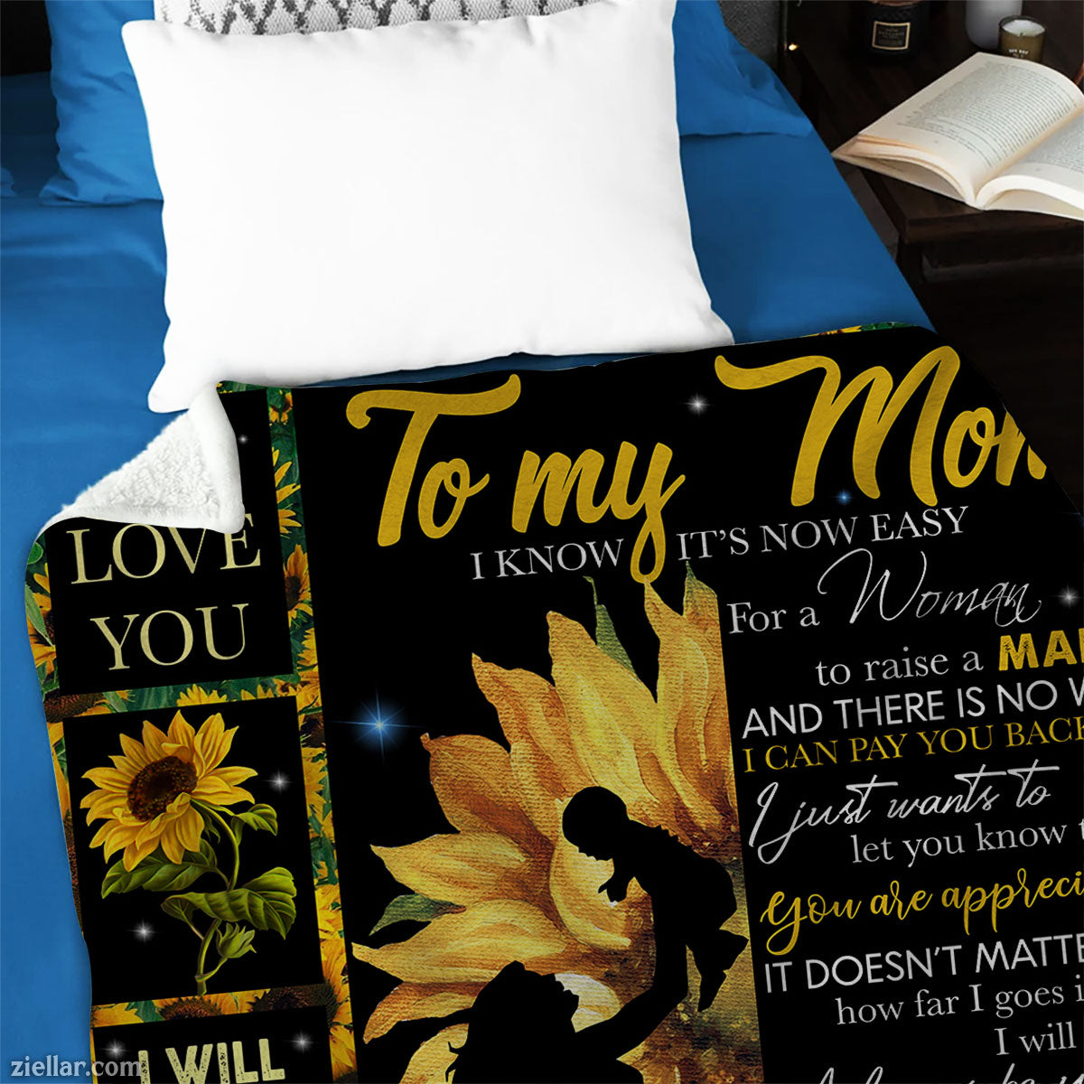 To My Mom Quilt Blanket, Fleece Blanket Gift with Sunflowers and Message from Son