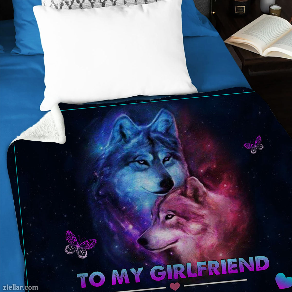 To My Girlfriend Quilt Blanket, Fleece Blanket Gift with Galaxy Wolf and Love Quote