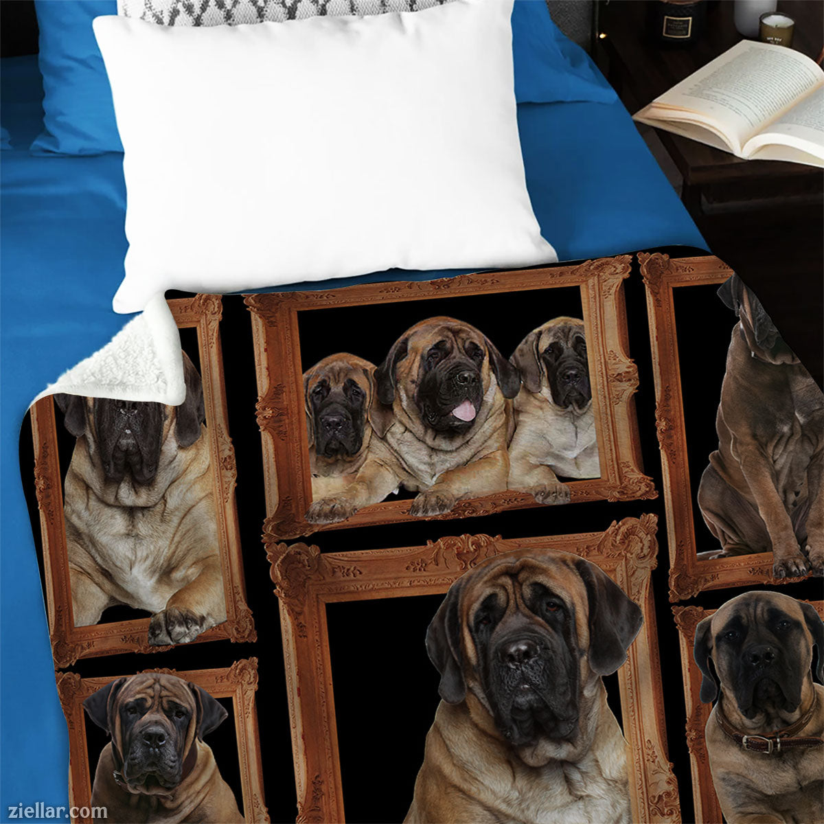 Dog Lover Quilt Blanket, Fleece Blanket with Mastiff Dog Images in Wooden Frame Style