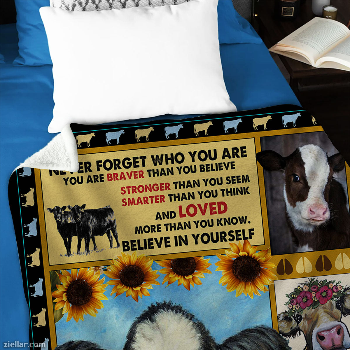 Cow and Sunflower Quilt Blanket, Fleece Blanket Gift with Motivational Country Quote