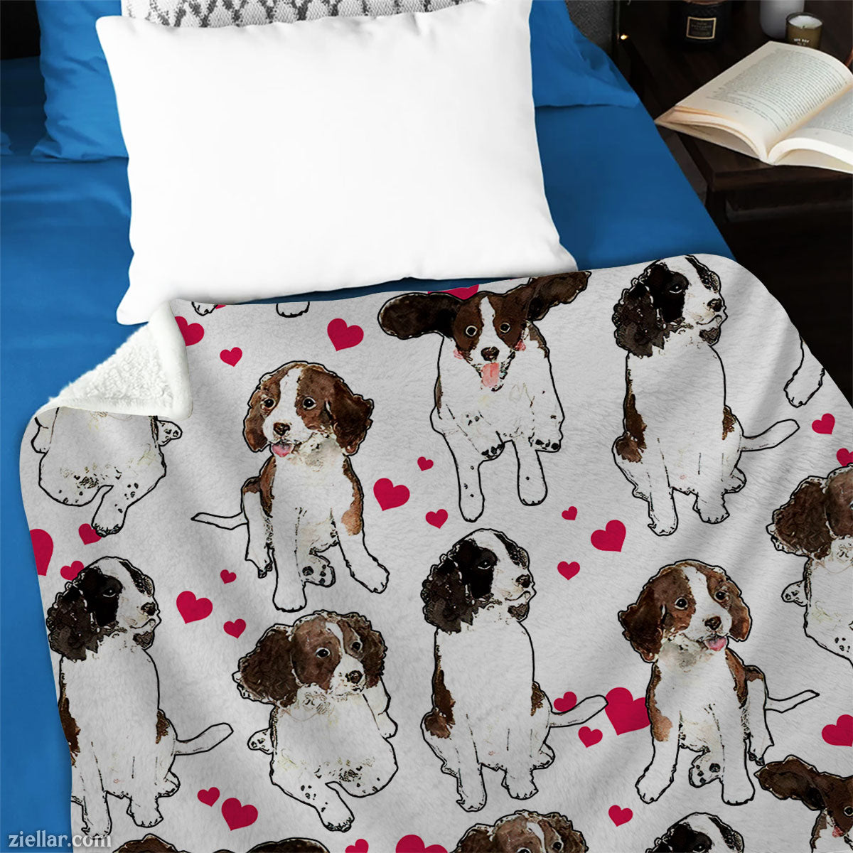 Cute Puppy Pattern Quilt Blanket, Fleece Blanket with Cartoon Dogs and Pink Hearts