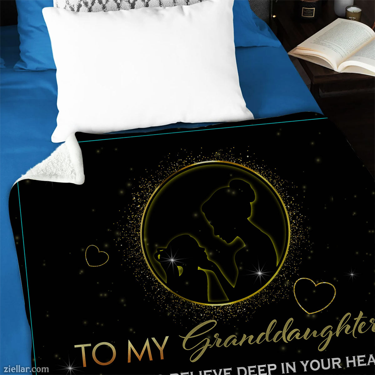 To My Granddaughter Quilt Blanket, Fleece Blanket Gift with Moon and Golden Wishes