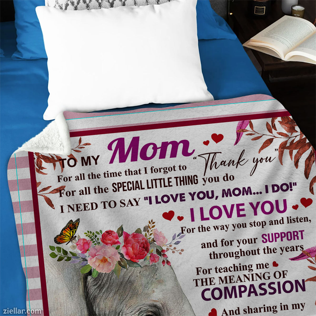 To My Mom Quilt Blanket, Fleece Blanket Gift with Baby Elephant and Loving Words